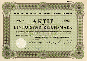 Германия 1000 рейхсмарок 1942 Kunstanstalten May AG (КАМАГ) - художественное издательство, акция   бумага   8801-82-1