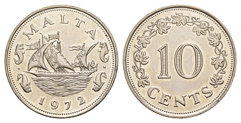 Мальта 10 центов 1972 баржа Великого магистра KM 11 медно-никель UNC 4648-1051