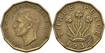 Великобритания 3 пенса 1937 Георг VI (1936-1952) KM 849, Spink 4112 никель латунь    4603-147