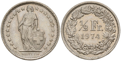 Швейцария 1/2 франка 1974 KM 23a медно-никель 4152-1253