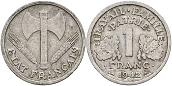 Франция 1 франк 1942 правительство Виши KM 902.1, Le Franc алюминий 4126-643