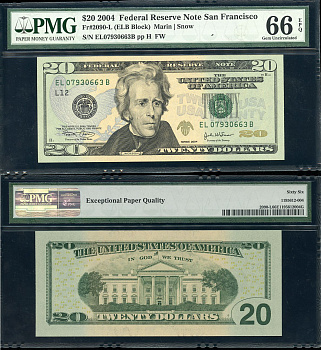 США 20 долларов 2004 L12 (Сан-Франциско), в слабе PMG 66 Gem Uncirculated Pick 521 a, Fr. 2090-L  бумага  UNC (пресс) 452-1-112