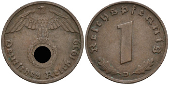 Германия 1 рейхспфенниг 1939 D KM 89, J 361 бронза 4136-1147