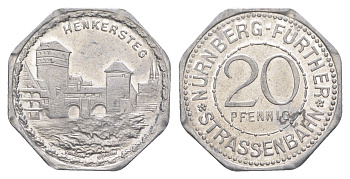 Нюрнберг трамвайный (транспортный) жетон в 20 пфеннигов ND (1920-1921) мост Men05 19256.17, Men18 24102.17 алюминий UNC 4638-254