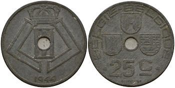 Бельгия 25 сантимов 1944 Belgie - Belgique, Леопольд III (1934-1947), германская оккупация, Вторая мировая война KM 132 цинк 4157-626