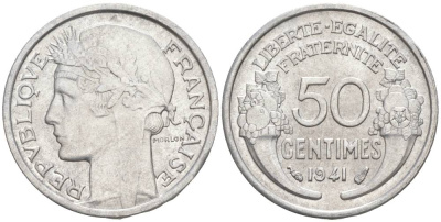 ФРАНЦИЯ 50 САНТИМОВ 1941 ТИП MORLON LOURDE KM 894.1a, LE FRANC 193.2 алюминий 44-157