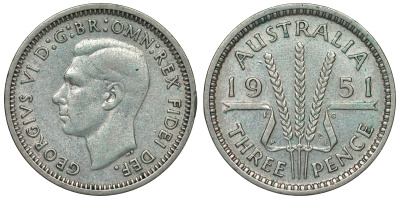 Австралия 3 пенса 1951 m, Георг VI (1937-1952), без букв KM 44 серебро 71-332