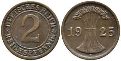 ГЕРМАНИЯ 2 РЕЙХСПФЕННИГА 1925 F KM 38, J. 314 бронза 24-735