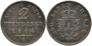 ПРУССИЯ 2 ПФЕННИГА 1864 А, ВИЛЬГЕЛЬМ I (1861-1888) KM 481 медь 100-634