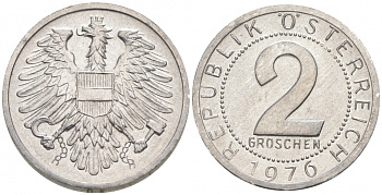 Австрия 2 гроша 1976 из ролла KM 2876 алюминий UNC M14-17