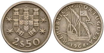Португалия 2,5 эскудо 1964 парусник KM 590 медно-никель 4602-316