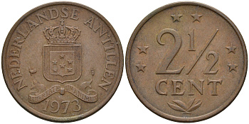 Нидерландские Антилы 2 1/2 цента 1973 Юлиана (1948-1980) KM 9 бронза 4595-417