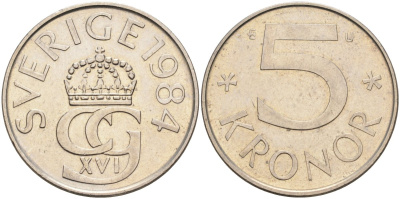 Швеция 5 крон 1984 Карл XVI Густав (1973- ) KM 853 медно-никель 4526-215