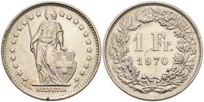 Швейцария 1 франк 1970 KM 24a.1 медно-никель 4573-213