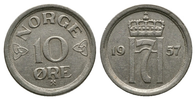 НОРВЕГИЯ 10 ЭРЕ 1957 KM 396 медно-никель 89-1456