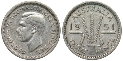 Австралия 3 пенса 1951 m, Георг VI (1937-1952), без букв KM 44 серебро 71-321