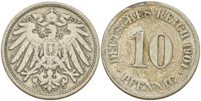 Германия 10 пфеннигов 1901 D KM 12, J. 13, Weege 8 медно-никель 259-827