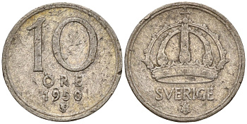 Швеция 10 эре 1950 TS, Густав V (1907-1950) KM 813 серебро 4147-857