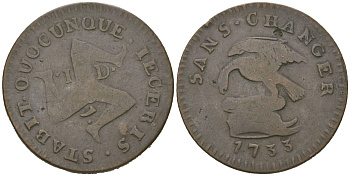 Остров Мэн 1 пенни 1733 подделка в ущерб обращению, Джеймс Стэнли, вес 7,92 гр, диаметр 28 мм KM 5 медь 95-824