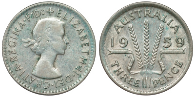 Австралия 3 пенса 1959 m, Елизавета II (1952-2022) KM 57 серебро 71-565