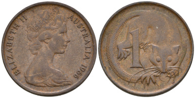 Австралия 1 цент 1966 Елизавета II, опоссум КМ 62 бронза    4602-558