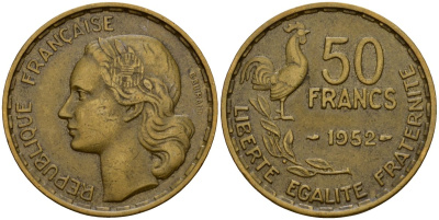 Франция 50 франков 1952 петух KM 918.1, Le Franc 425.8 алюминиевая бронза 4599-342