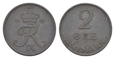 Дания 2 эре 1952 C; S, Фредерик IX (1947-1972) KM 840 цинк 4658-261