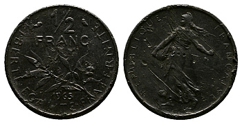 Франция 1/2 франка 1965 сеятель KM 931, Le Franc 198.3 никель 261-347