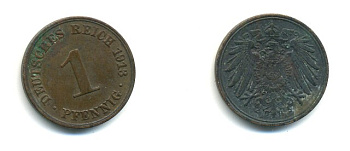 ГЕРМАНИЯ 1 ПФЕННИГ 1913 A KM 10, J. 10 медь 4379-914