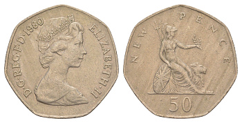 Великобритания 50 пенсов 1980 Елизавета II (1952-2022) KM 913, Spink 4223 медно-никель 4634-623