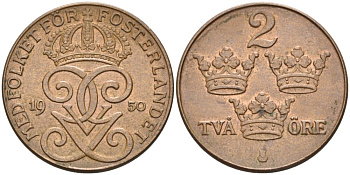 Швеция 2 эре 1950 Густав V (1907-1950) KM 778 бронза 68-1253