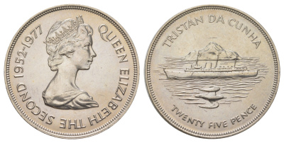 Тристан-да-Кунья 25 пенсов 1977 25 лет правлению Королевы Елизаветы II KM 1 медно-никель UNC 3897-912