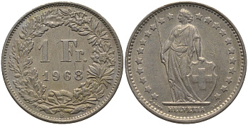 ШВЕЙЦАРИЯ 1 ФРАНК 1968 В KM 24а.1 медно-никель 4548-914