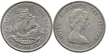 Восточно-Карибские штаты 25 центов 1996 Елизавета II (1952-2022), парусник KM 14 медно-никель 89-537
