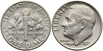 США 10 ЦЕНТОВ = 1 ДАЙМ 1979 РУЗВЕЛЬТ KM 195а медь плакированная медно-никелем 53-515