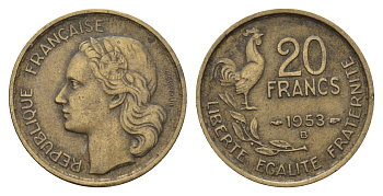 Франция 20 франков 1953 B KM 917.2, Le Franc 402.12 алюминиевая бронза 4121-326