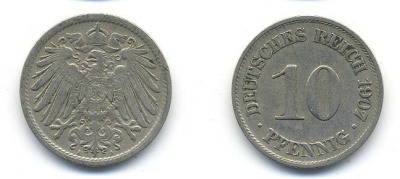 Германия 10 пфеннигов 1907 A KM 12, J. 13 медно-никель 58-313