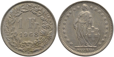 ШВЕЙЦАРИЯ 1 ФРАНК 1968 В KM 24а.1 медно-никель 4548-914