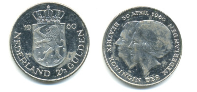 Нидерланды 2 1/2 гульдена 1980 коронация Беатрикс, 30 апреля 1980 KM 201 никель 84-1233