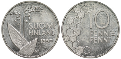 ФИНЛЯНДИЯ 10 ПЕННИ 1990 M, ЛАНДЫШ KM 65 медно-никель UNC 3334-1159
