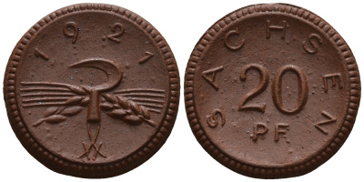 Саксония 20 пфеннигов 1921 колосья и серп J. N 53 фарфор UNC 1094-8-12