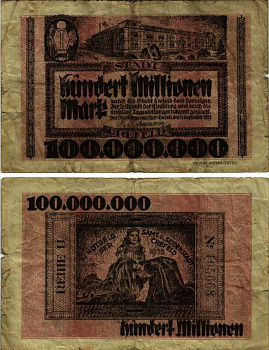 КРЕФЕЛЬД, ГЕРМАНИЯ 100000000 МАРОК 1923 НОТГЕЛЬД, ЗЕМЛЯ СЕВЕРНЫЙ РЕЙН-ВЕСТФАЛИЯ, 14 СЕНТЯБРЯ 1923, RREIHE U ARNOLD KELLER 912s бумага 8518-46-2-1