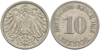Германия 10 пфеннигов 1912 D KM 12, Jager 13, Weege 8 медно-никель 219-223
