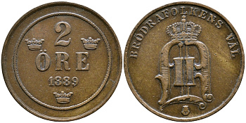 Швеция 2 эре 1889 Оскар II (1872-1907) король Швеции и Норвегии KM 746 бронза 61-1152