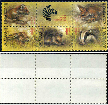 СССР сцепка из 5 марок (10+5 копеек, 20+10 копеек) 1989 Животные зоопарков. Почтово-благотворительный выпуск в Фонд помощи зоопаркам - Куница, Белка, Заяц, Ёж, Барсук Загорский 5987, 5988, 5989, 5990, 5991    марка с оригинальным клеем, без следов наклейк