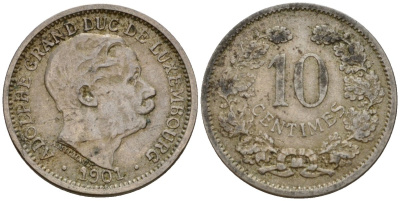 Люксембург 10 сантимов 1901 Адольф (1890-1905) KM 25 медно-никель 4602-429