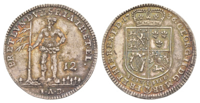 Брауншвейг-Каленберг-Ганновер 12 мариенгрошей (1/3 талера) 1736 IAB, дикарь, Георг II (1727-1760), из коллекции Ричарда Б. Смита Smith 123, Welter 2600, KM 255 серебро 1525-1023