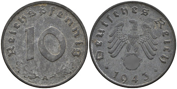 Германия 10 рейхспфеннигов 1943 A KM 101, J.371 цинк 4151-339