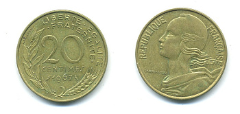 ФРАНЦИЯ 20 САНТИМОВ 1967 KM 930 медь алюминий никель 84-1442