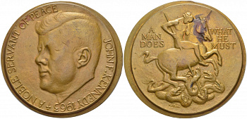 США МЕДАЛЬ 1963 ДЖОН КЕННЕДИ - СЛУГА МИРА 75 мм, 138,3 гр бронза 00-00